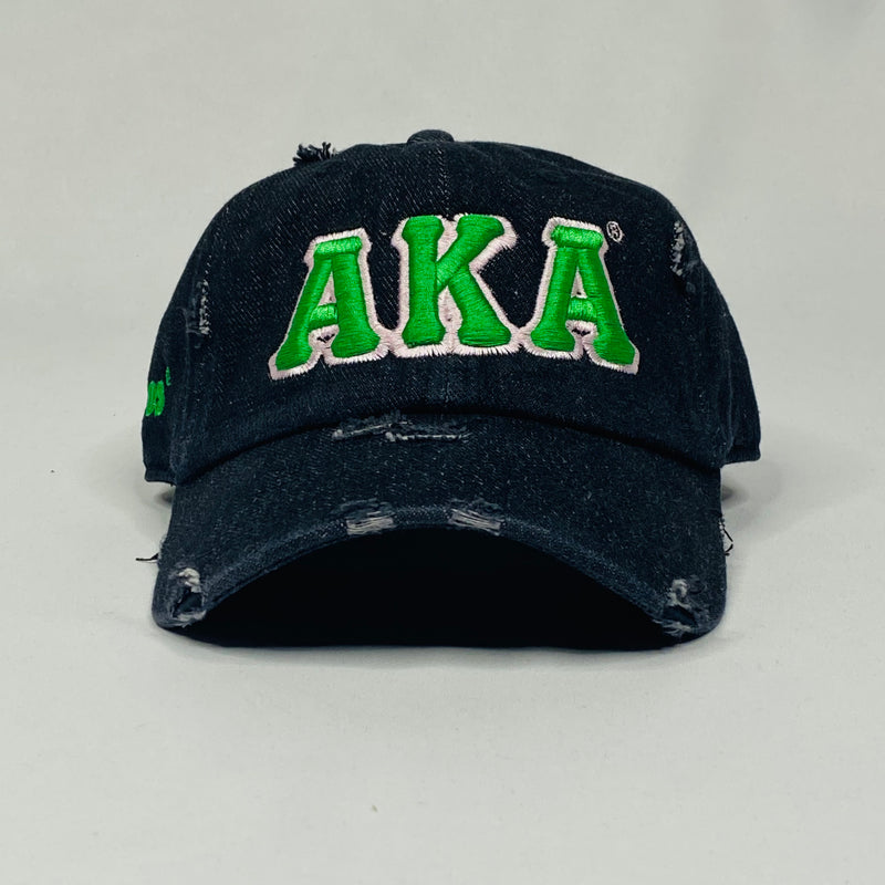 AKA Black Denim (Green Letter) Distressed Hat