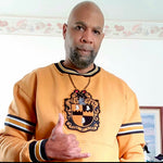 Alpha Gold Stripe Crest Chenille Crewneck