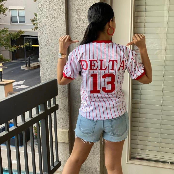 Delta White Pinstripe Baseball Jersey