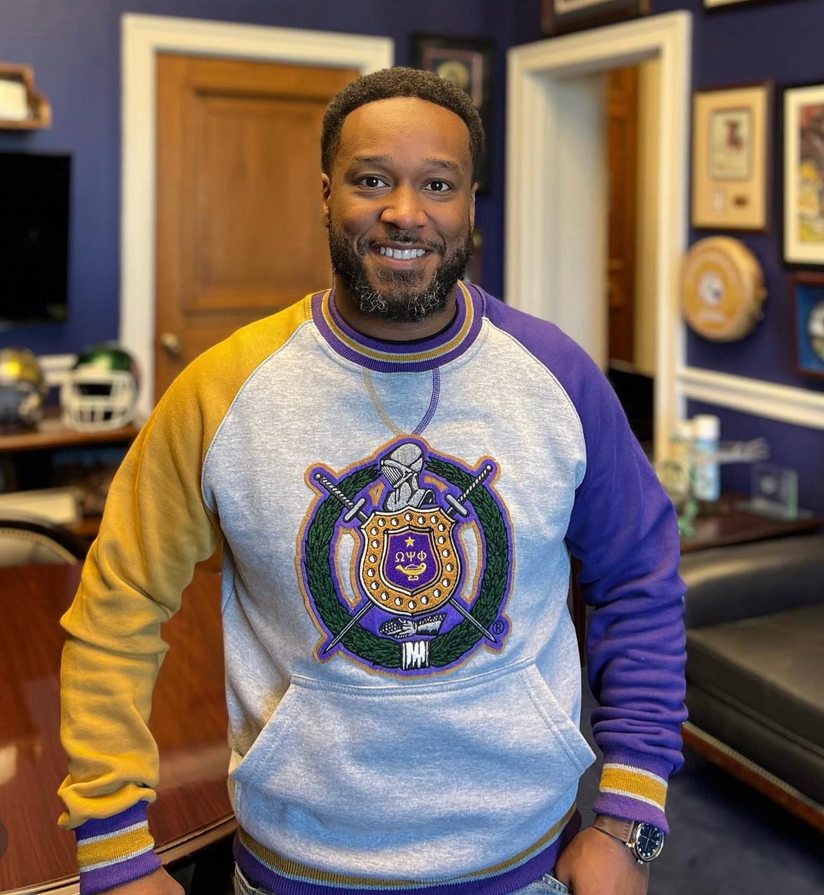 Omega Grey Purple Crest Chenille Crewneck