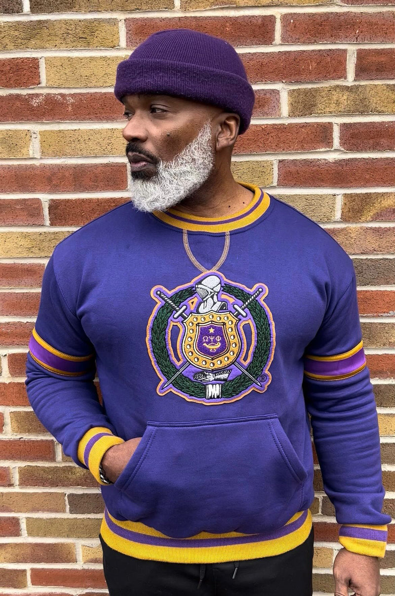 Omega Purple Stripe Crest Chenille Crewneck