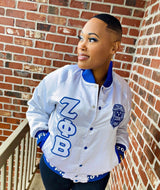 Zeta White Satin Bomber Jacket Custom Ribbon And Lining