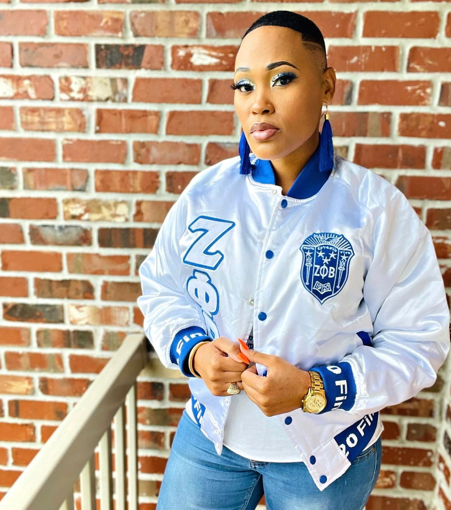 White Satin Baseball Jacket with Royal Blue Pockets