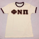 Phi Nu Pi Premium Kream Chenille Letter Ringer T-Shirt