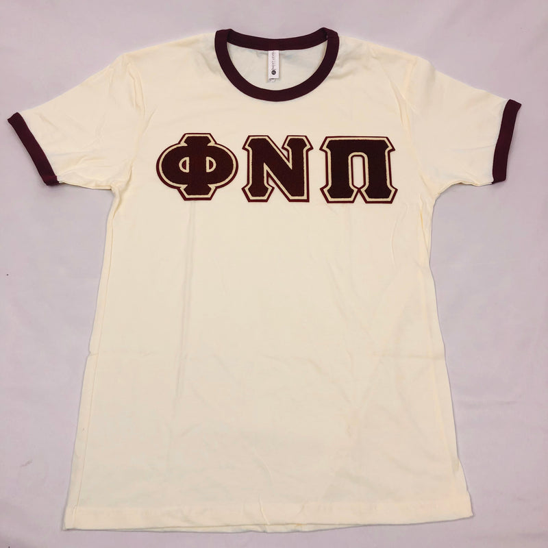 Phi Nu Pi Premium Kream Chenille Letter Ringer T-Shirt