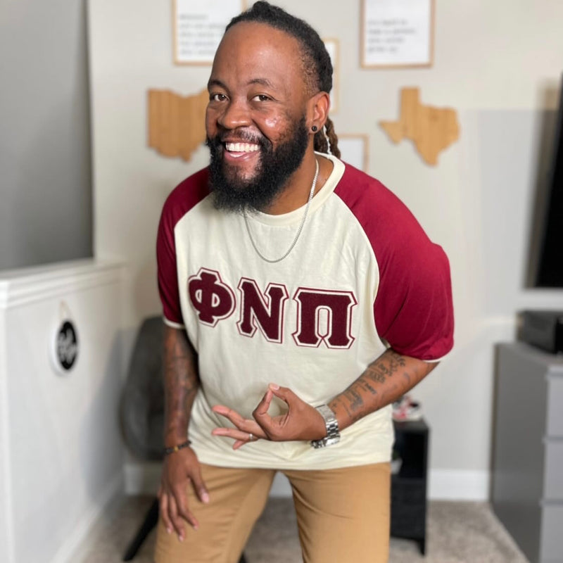 Phi Nu Pi Kream Premium Chenille Letter Raglan T-Shirt