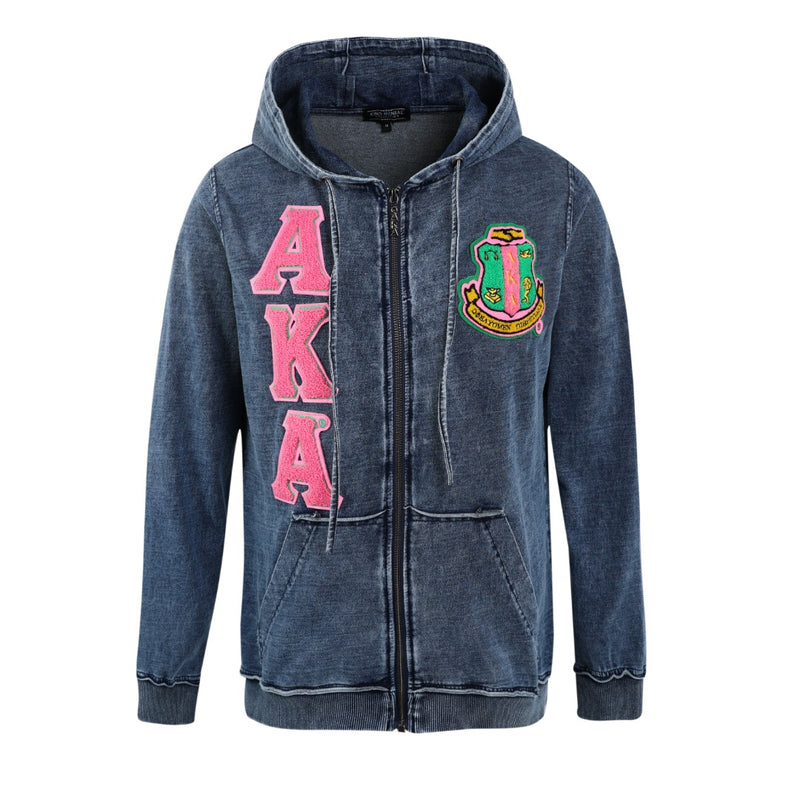 AKA Chenille Dark Washed Full Zip Denim Hoodie