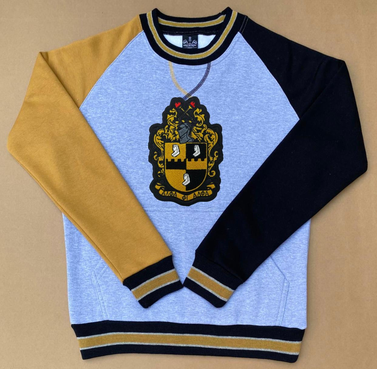 Alpha Grey Opposite Sleeve Crest Chenille Crewneck