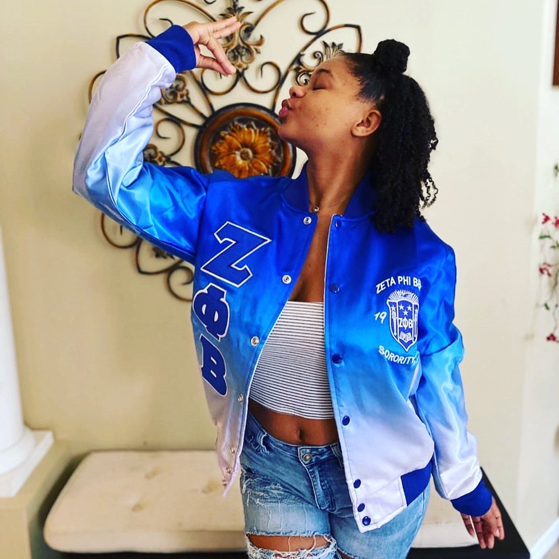 Zeta Phi Beta Faded Bomber Jacket With Back Embriodery