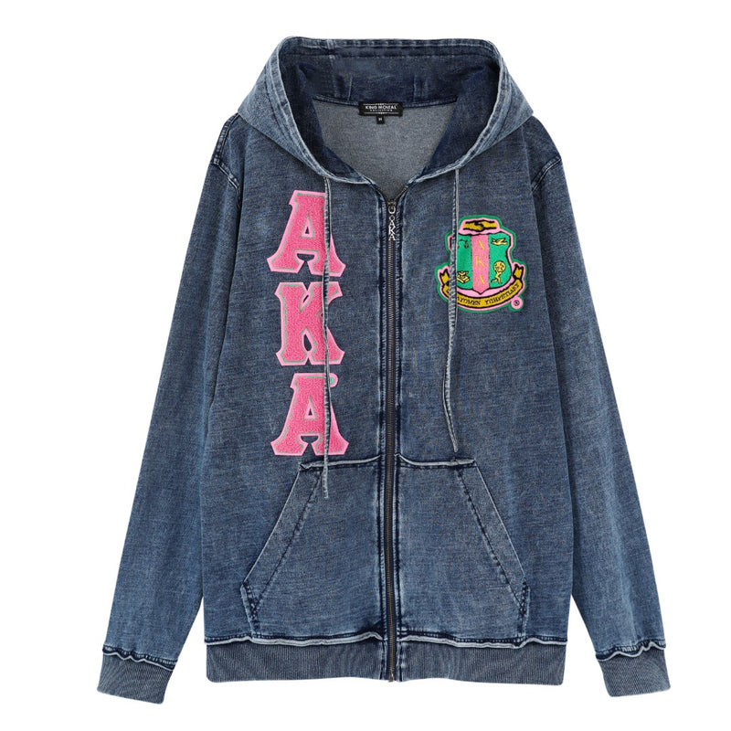AKA Chenille Dark Washed Full Zip Denim Hoodie