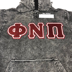 Phi Nu Pi Chenille Black Acid Washed Denim Hoodie