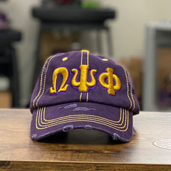 “ΩΨΦ” Omega Purple & Old Gold Stitch Distressed Hat