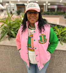 AKA Pink/Green Hooded Puffer Vest Sherpa Lining Read Description