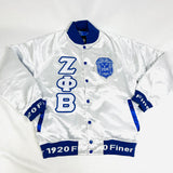 Zeta White Satin Bomber Jacket Custom Ribbon And Lining