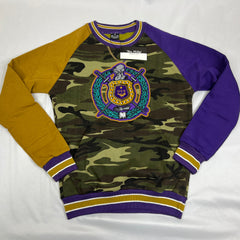 Omega Camo Opposite Sleeve Crest Chenille Crewneck