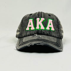 AKA Black Denim (Pink Letters) Distressed Hat