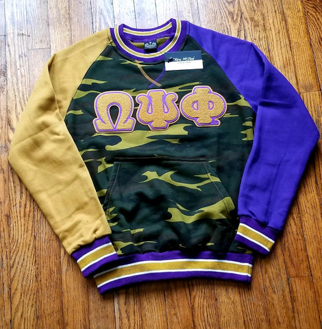 Omega Camo Opposite Sleeve Letter Chenille Crewneck