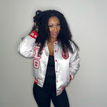 Delta White Satin Bomber Jacket Custom Ribbon And Lining
