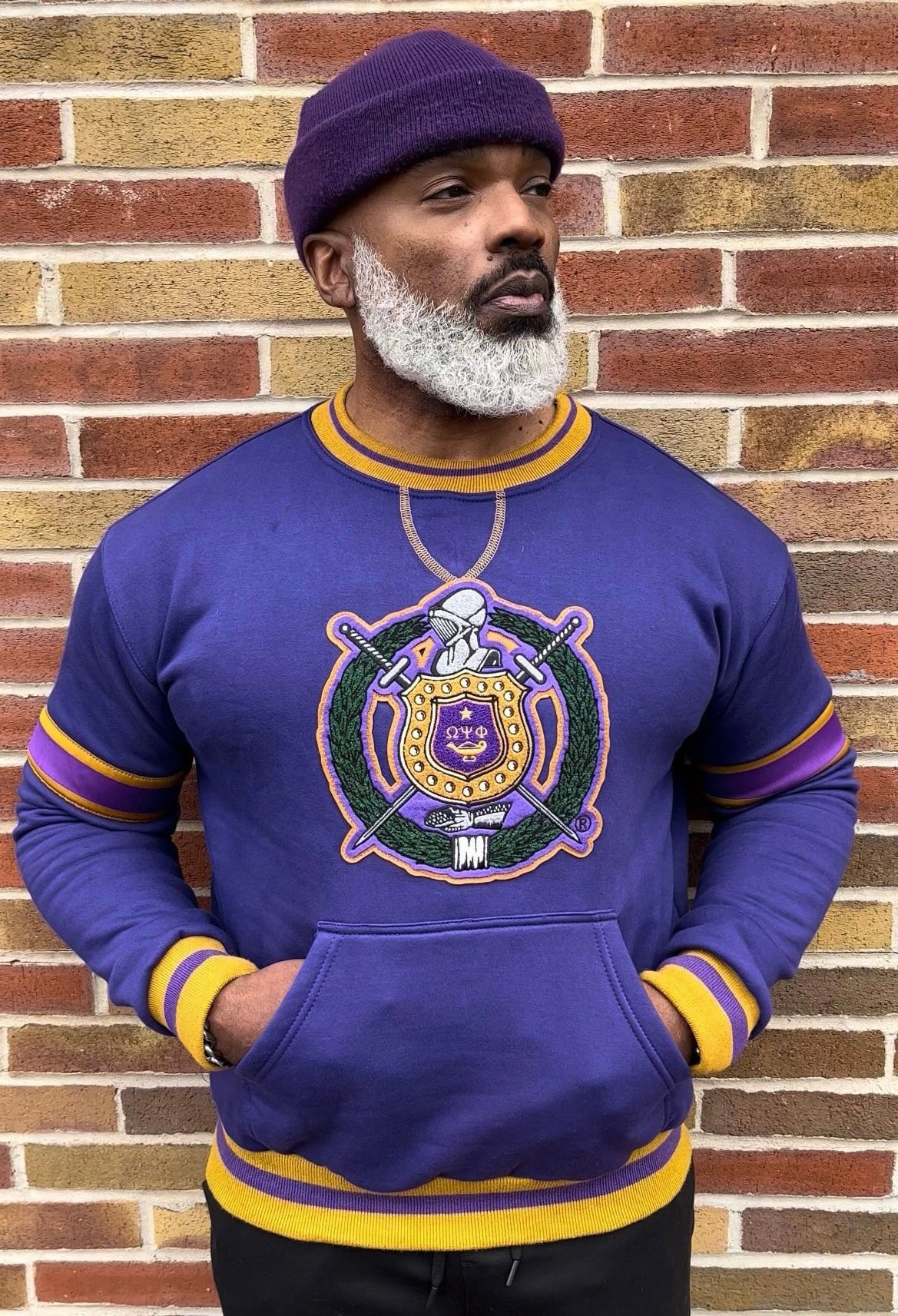 Omega Purple Stripe Crest Chenille Crewneck