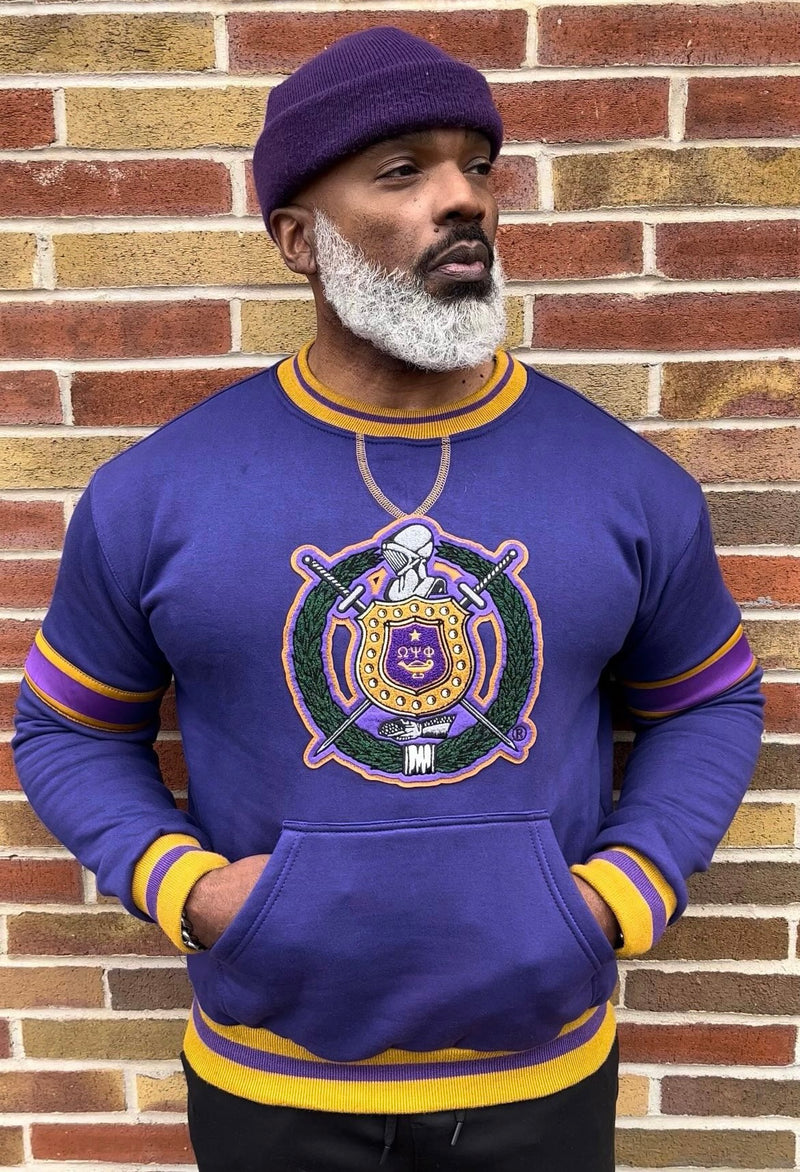 Omega Purple Stripe Crest Chenille Crewneck