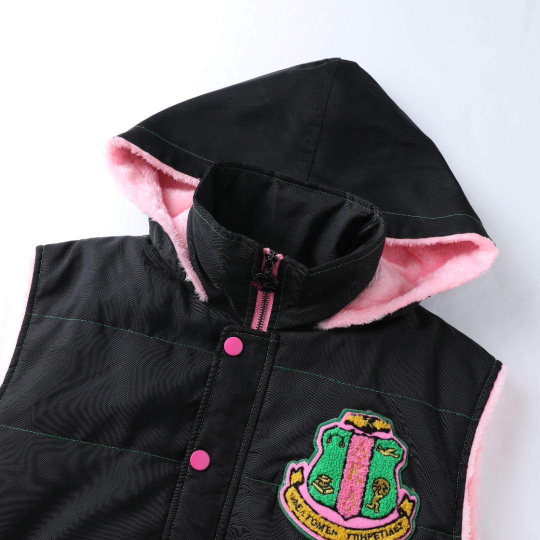 AKA Black Hooded Puffer Vest Sherpa Lining Read Description