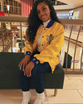 SGRho Gold Satin Bomber Jacket Custom Ribbon And Lining