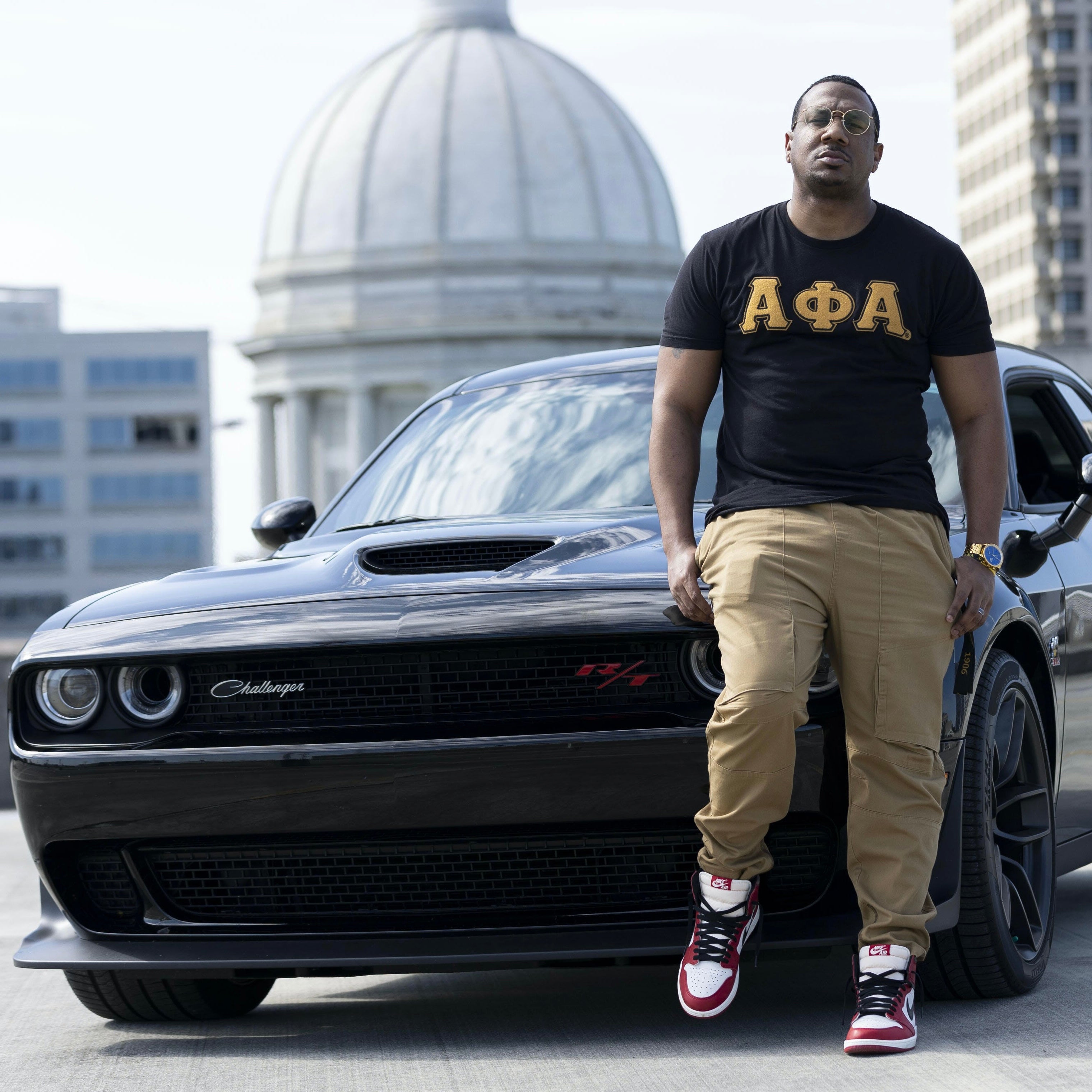 Premium Alpha Black Chenille Old Gold letter T-Shirt