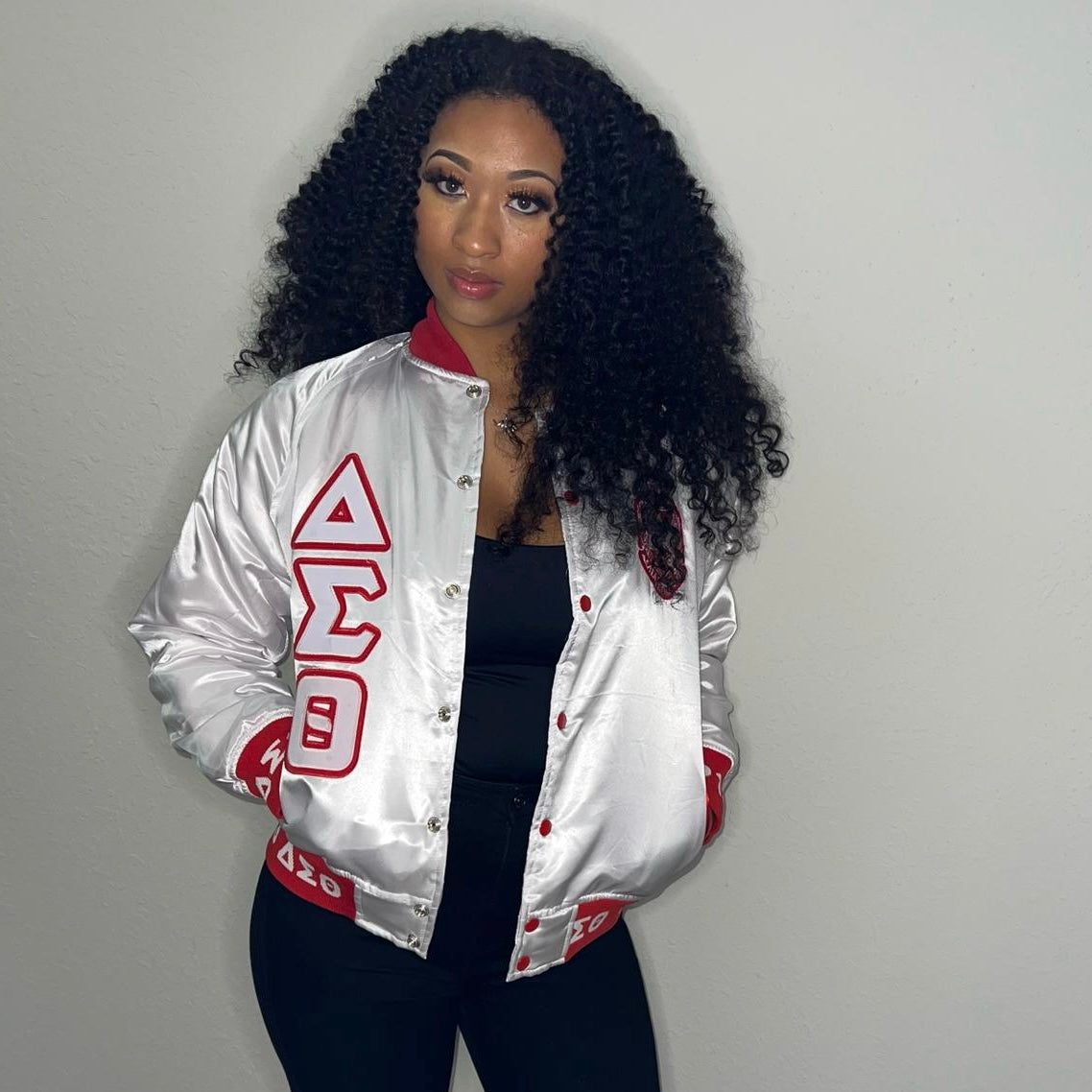 Delta White Satin Bomber Jacket Custom Ribbon And Lining