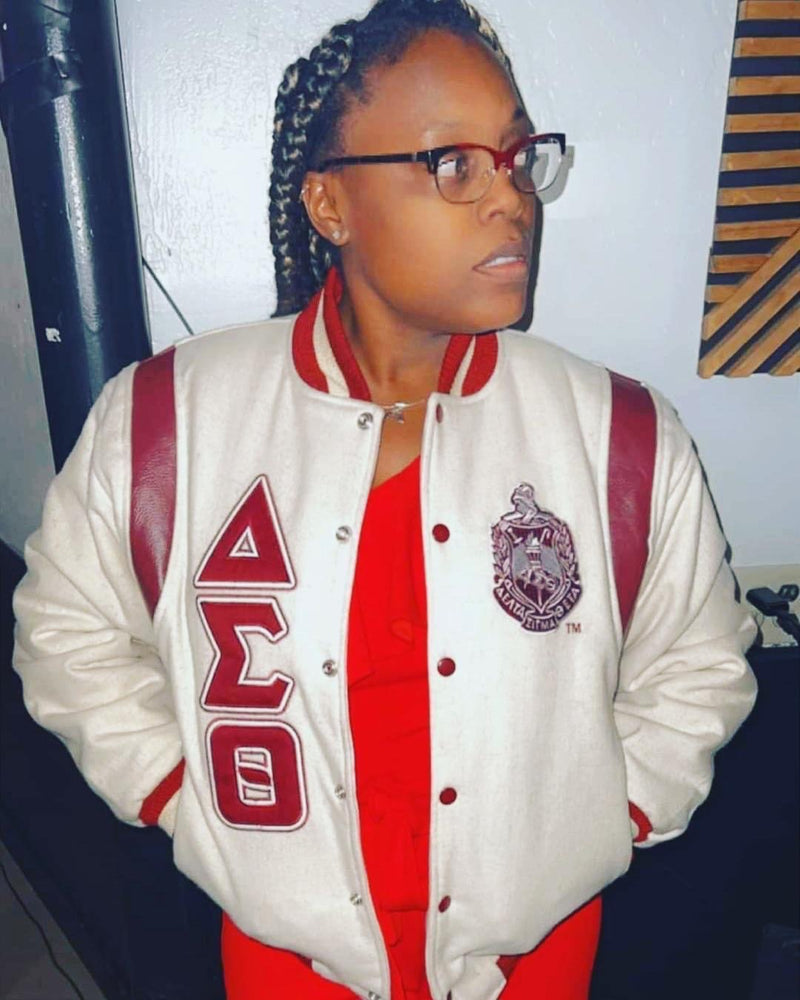 Delta Cream Wool and Crimson Leather Letterman Jacket