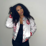 Delta White Satin Bomber Jacket Custom Ribbon And Lining