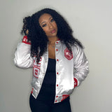 Delta White Satin Bomber Jacket Custom Ribbon And Lining