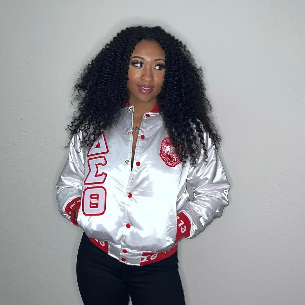 Delta White Satin Bomber Jacket Custom Ribbon And Lining