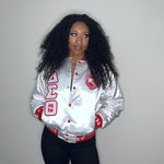 Delta White Satin Bomber Jacket Custom Ribbon And Lining