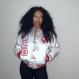 Delta White Satin Bomber Jacket Custom Ribbon And Lining
