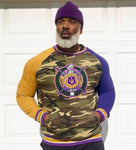 Omega Camo Opposite Sleeve Crest Chenille Crewneck