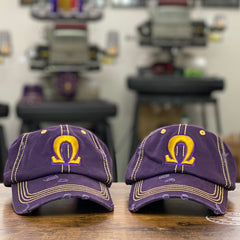 “Ω” Purple & Old Gold Stitch Distressed Hat