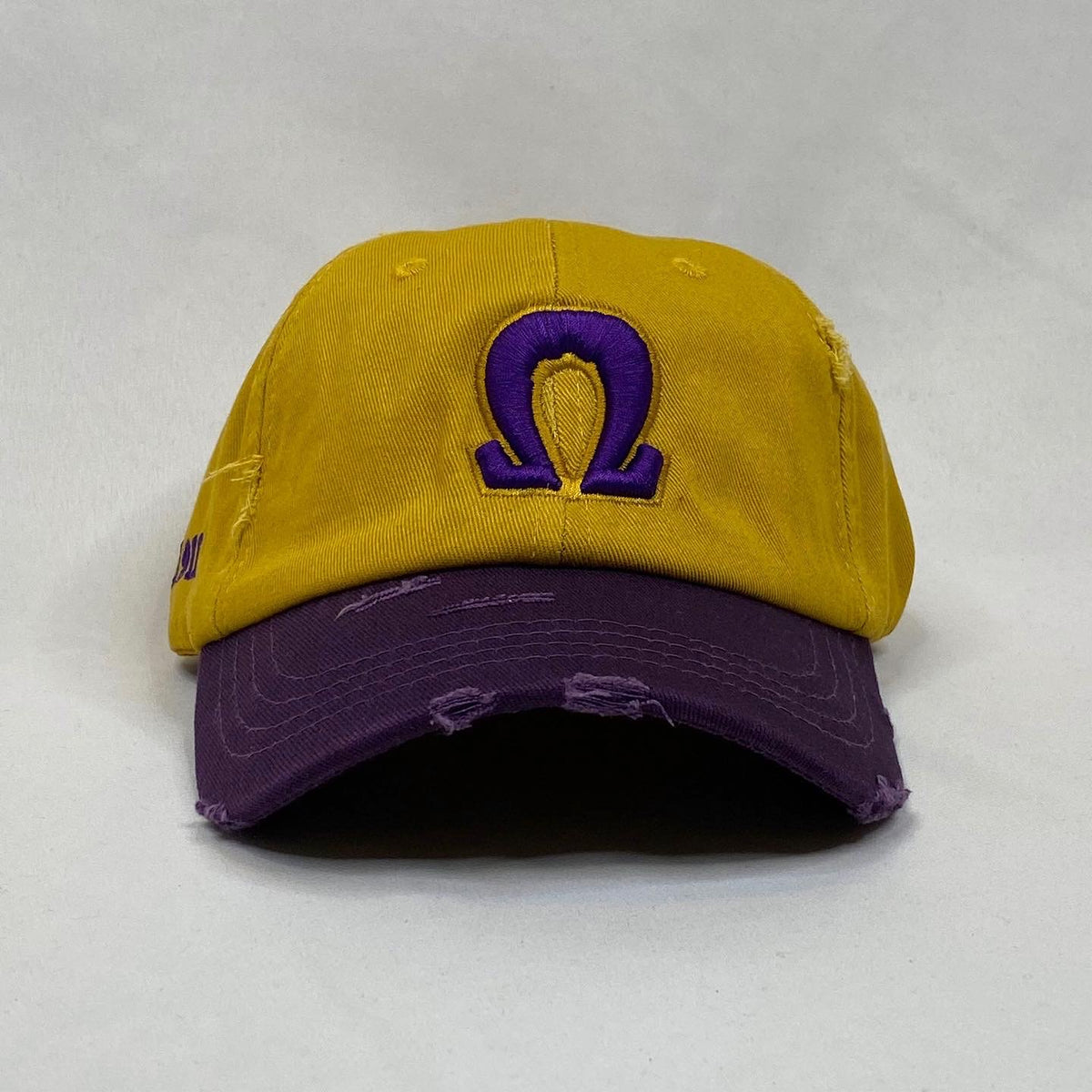 Gold Ω dad hat purple bib