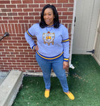 SGRho Stripe Grey Chenille Crest Pocket Crewneck