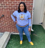 SGRho Stripe Grey Chenille Crest Pocket Crewneck