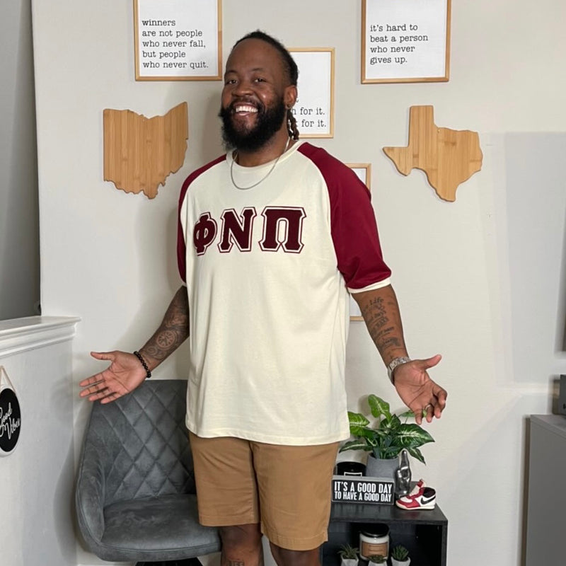 Phi Nu Pi Kream Premium Chenille Letter Raglan T-Shirt