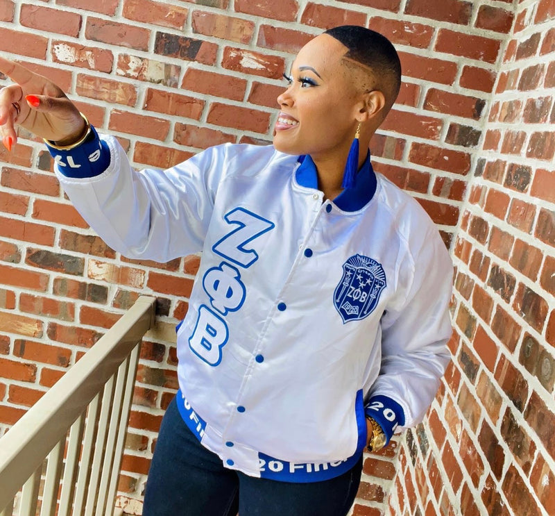 Zeta White Satin Bomber Jacket Custom Ribbon And Lining