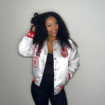 Delta White Satin Bomber Jacket Custom Ribbon And Lining
