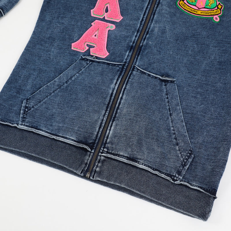 AKA Chenille Dark Washed Full Zip Denim Hoodie
