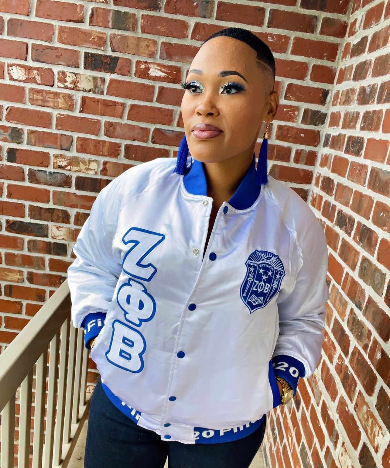 Zeta White Satin Bomber Jacket Custom Ribbon And Lining The King McNeal Collection