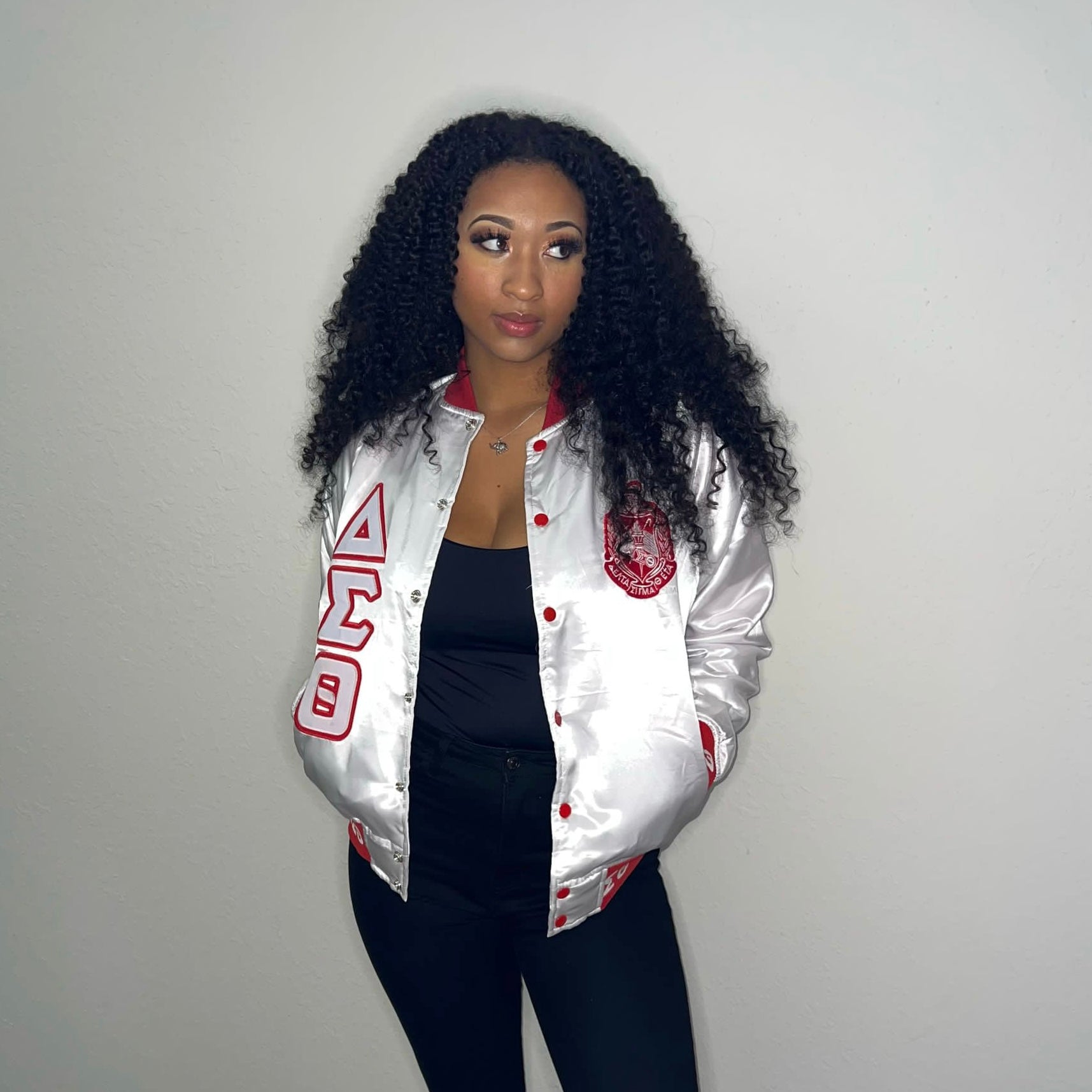 Delta White Satin Bomber Jacket Custom Ribbon And Lining