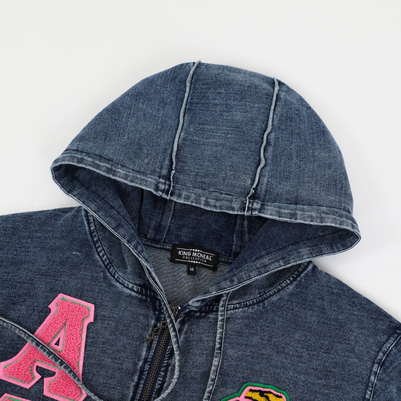 AKA Chenille Dark Washed Full Zip Denim Hoodie