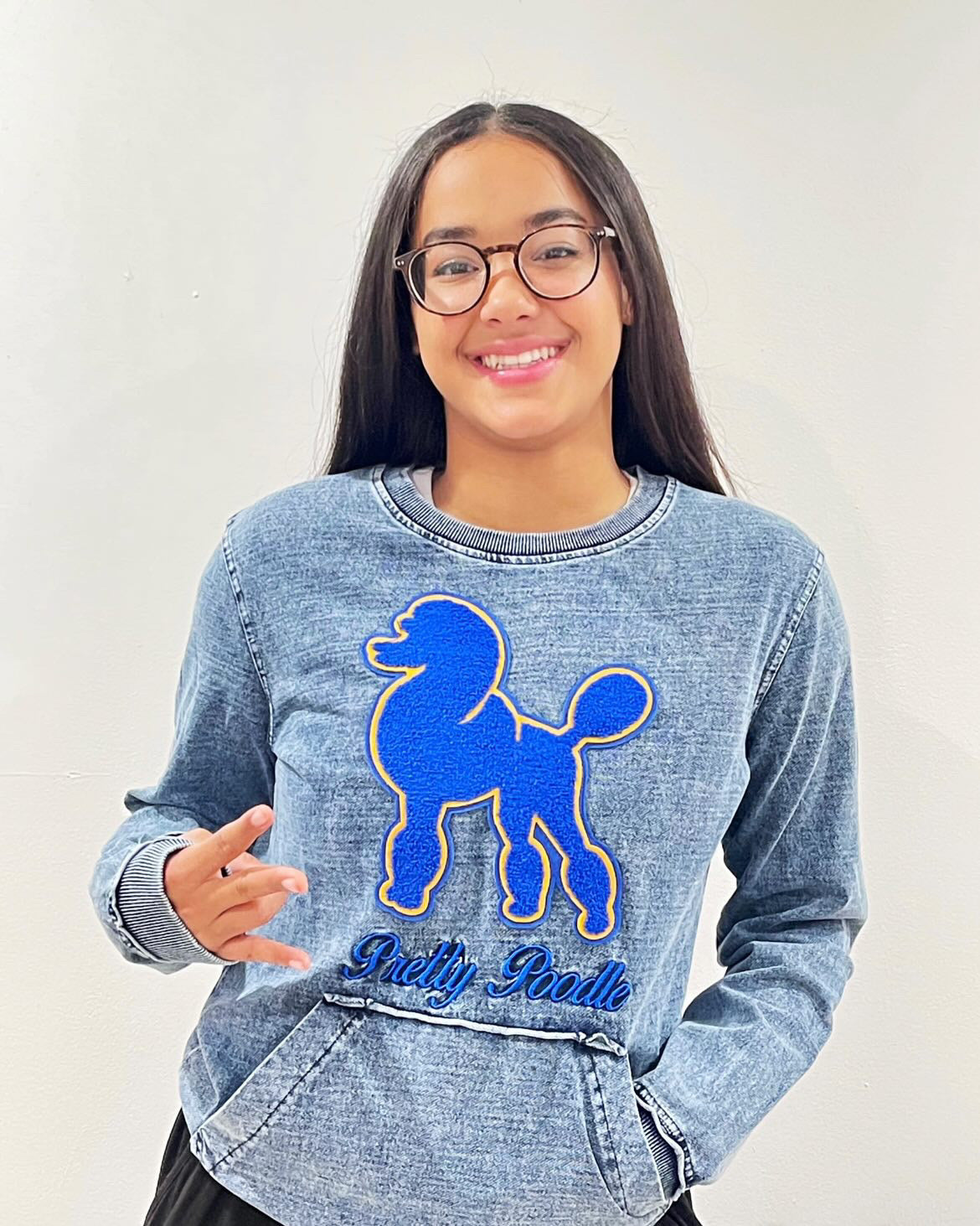 SGRho Chenille Poodle Denim Pocket Crewneck